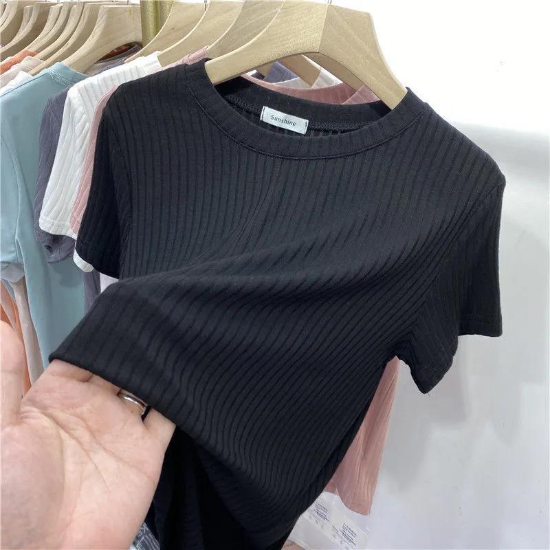 European goods pit strip crew neck short-sleeved T-shirt top women's 2024 spring and summer new Korean-style slimming inner base shirt ins tide