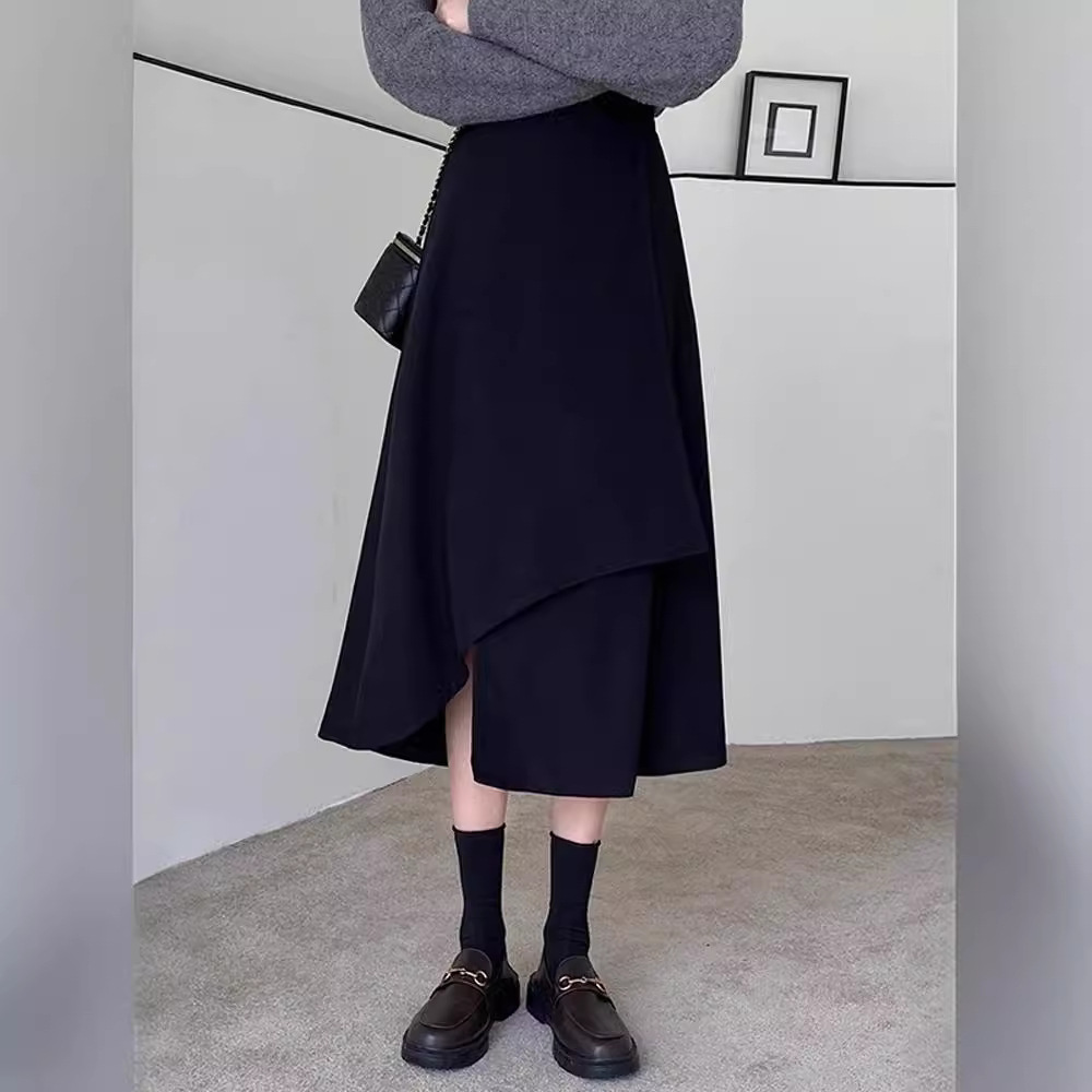 Irregular Skirt Women's Spring and Summer 2025 New Black High Waist Mid-length Hip Covering Slim A- line Umbrella Skirt