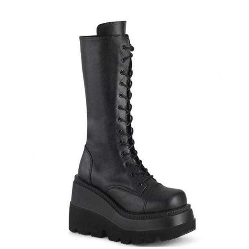 Motorcycle Rider Boots But Knee Showing Leg Thin High Boots Long Boots Lace-up Single Lace Heightening Shoes cos20cm Thick Sole