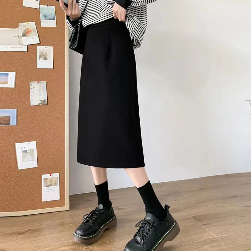 Autumn Black High Waist Split Skirt Women's Slim Look Workwear Skirt Suit A- Line Mid-Length Skirt Professional One-Step Skirt