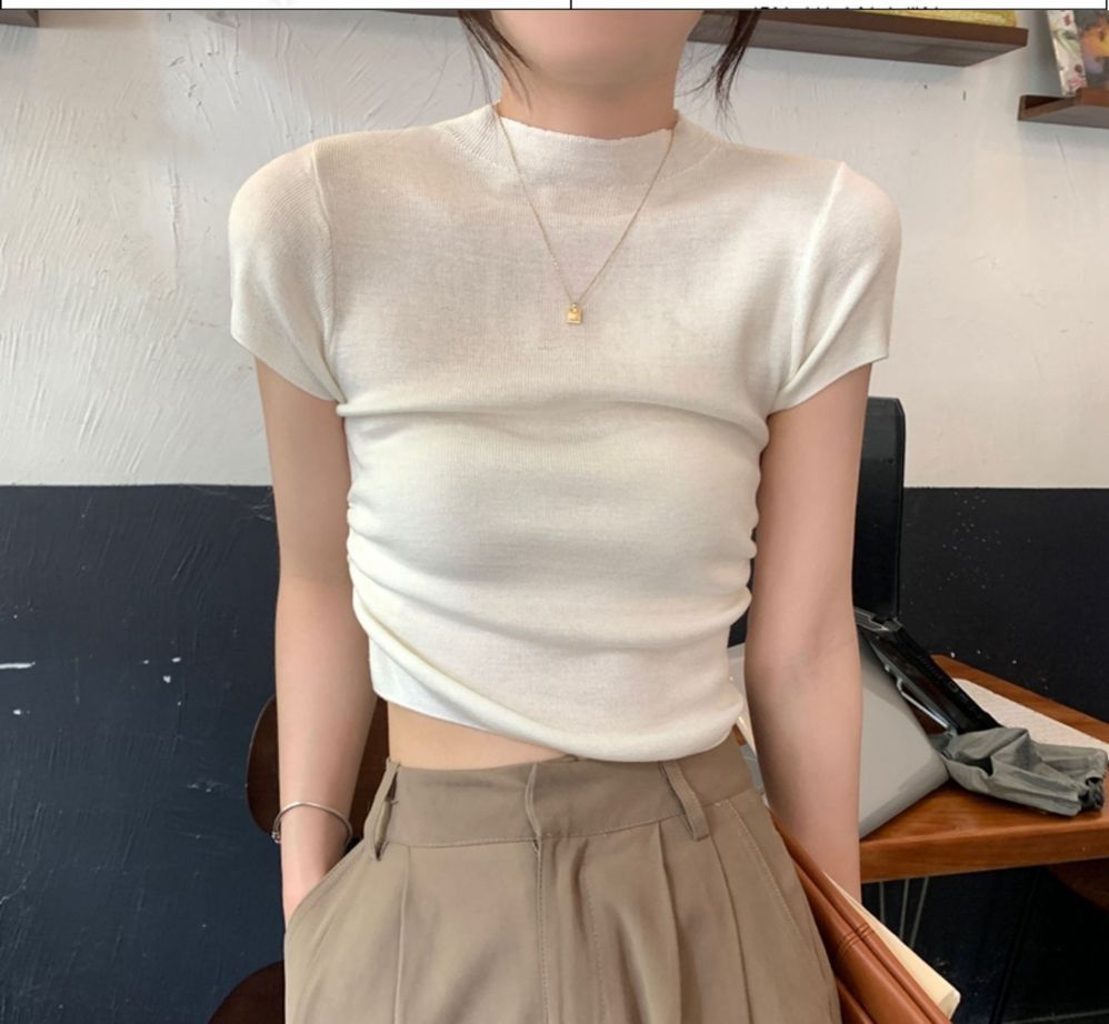 260g Rayon Modal Right Shoulder Short-Sleeved T-Shirt for Women Pure Lust Sexy Pleated Short Bottoming Shirt