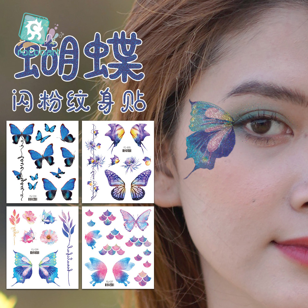 Ruikalong Cross-border Waterproof Glitter Butterfly Tattoo Sticker Advanced Music Festival Makeup Sticker Children's Face Sticker