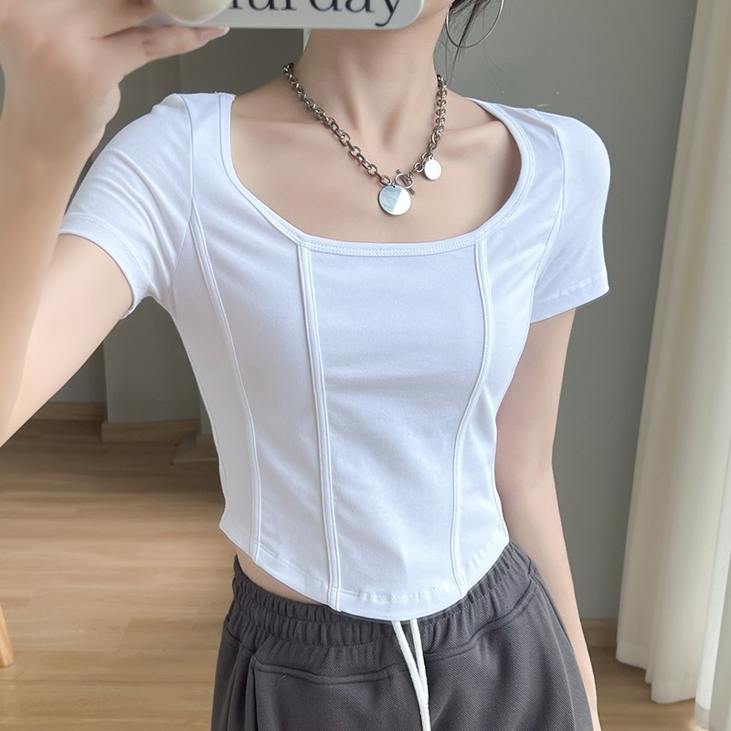 Picture of [95 Cotton 5 Spandex] Shoulder Fish Bone Short Sleeve T-Shirt Women's Summer Slim-fit Niche Slimming Short Pure Sweet Top