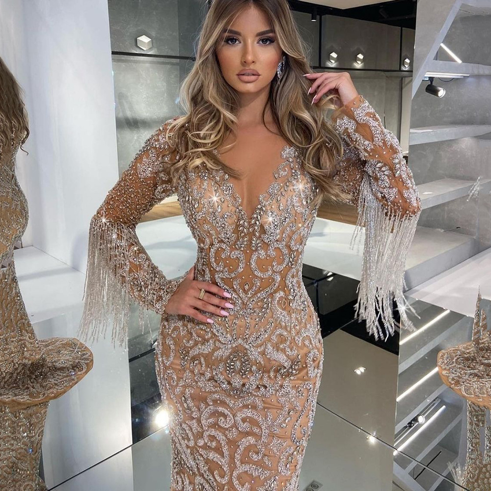 Picture of 2025 Cross-Border Spring New European and American Evening Dress Women's Fishtail Sprinkled with Gold Tassels Elegant Sexy Long Skirt Dress