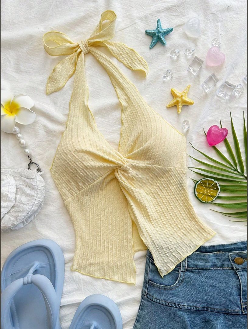 2025 New European and American Cross-border Special Fabric Yellow Sexy Lace-up Neck Knitted Top for Vacation