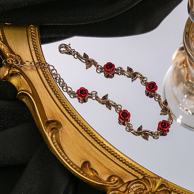 Picture of French Girl Mori Rose Earrings Vintage Romantic Red Flower Bracelet Niche Design Sense Necklace suit