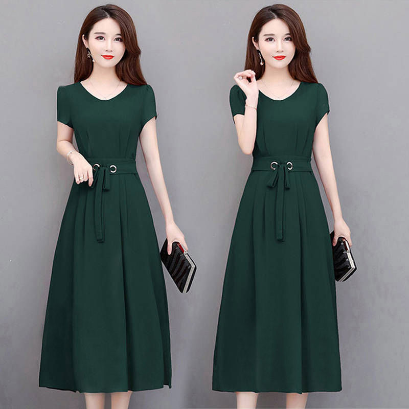 Summer Korean-style New Short-sleeved Dress Slim-fit Slimming Mid-length Elegant Belt Round Neck Solid Color Trendy Skirt