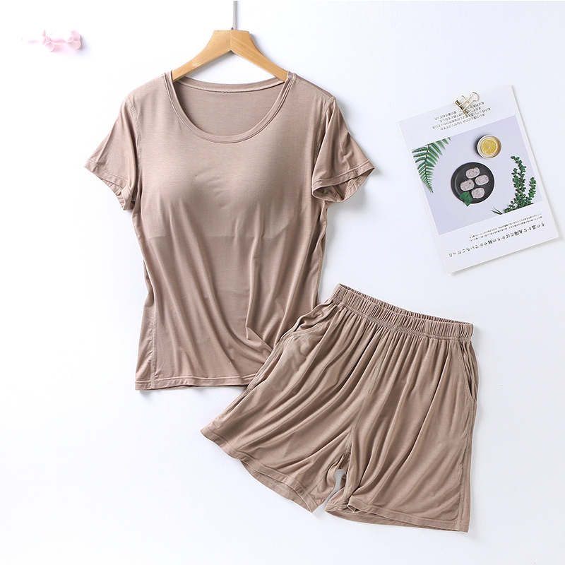 Picture of Modal Women's Suit Cup One-piece Short-sleeved Shorts Pocket-free Slimming Home Pajamas Suit Large Size Women