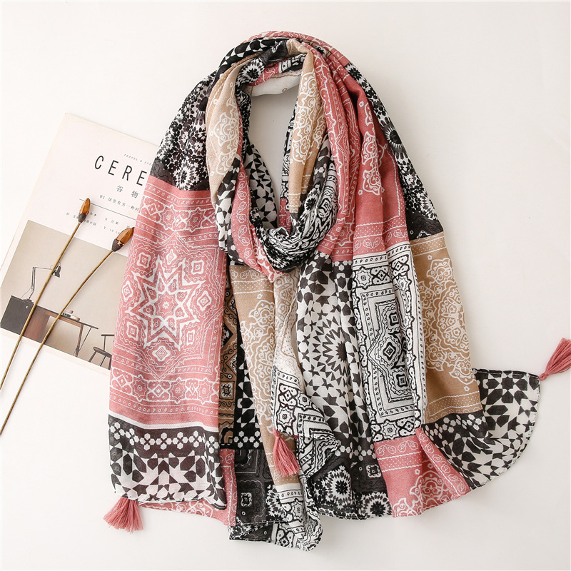Pop-style Cotton and Linen Scarf Women's Korean-style Fashion Pink Geometric Striped Tassel Long-sized Dual-use Shawl