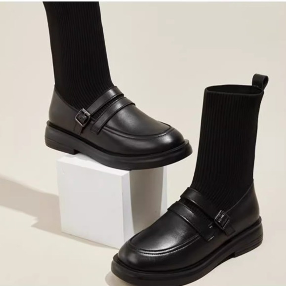 British Style Slim Boots for Women, Knitted Short Boots, Elastic Sock Boots, 2025 Autumn and Winter Flat Boots, Single Boots, Fashionable Martin Boots