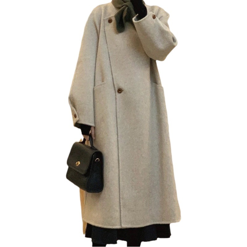 This Year's Popular Oatmeal Mid-Length Woolen Outwear Is High-End and Super Nice-Looking Korean Thickeneded Woolen Outwear for Autumn and Winter