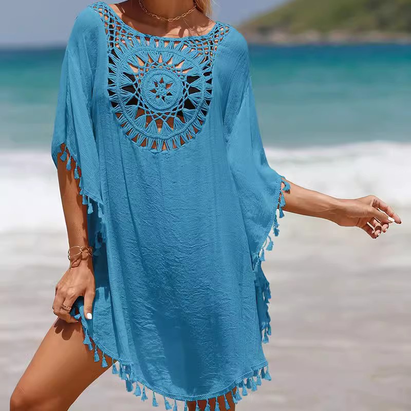 Picture of Loose bikini tassel blouse beach coat women's hollow pullover hot spring blouse seaside sun protection swimsuit outer wear