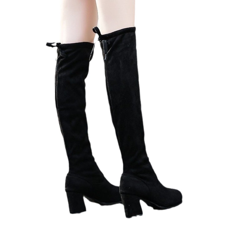 European and American Foreign trade suede long thick heel fashion boots women's cross-border new high heel French pile boots over-the-knee boots wish