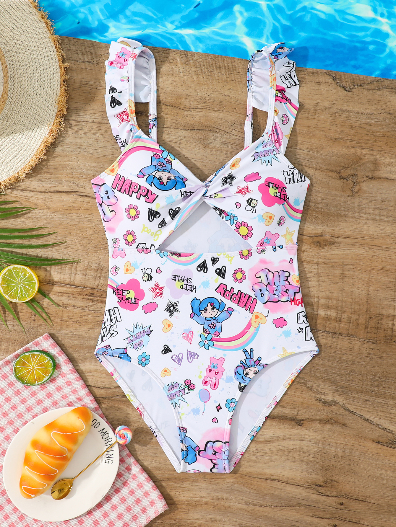 Picture of New Girls' Piece Swimsuit Hollow-out Ruffled Ear Edge Sling Children's Swimsuit for Middle and Big Children Student Hot Spring