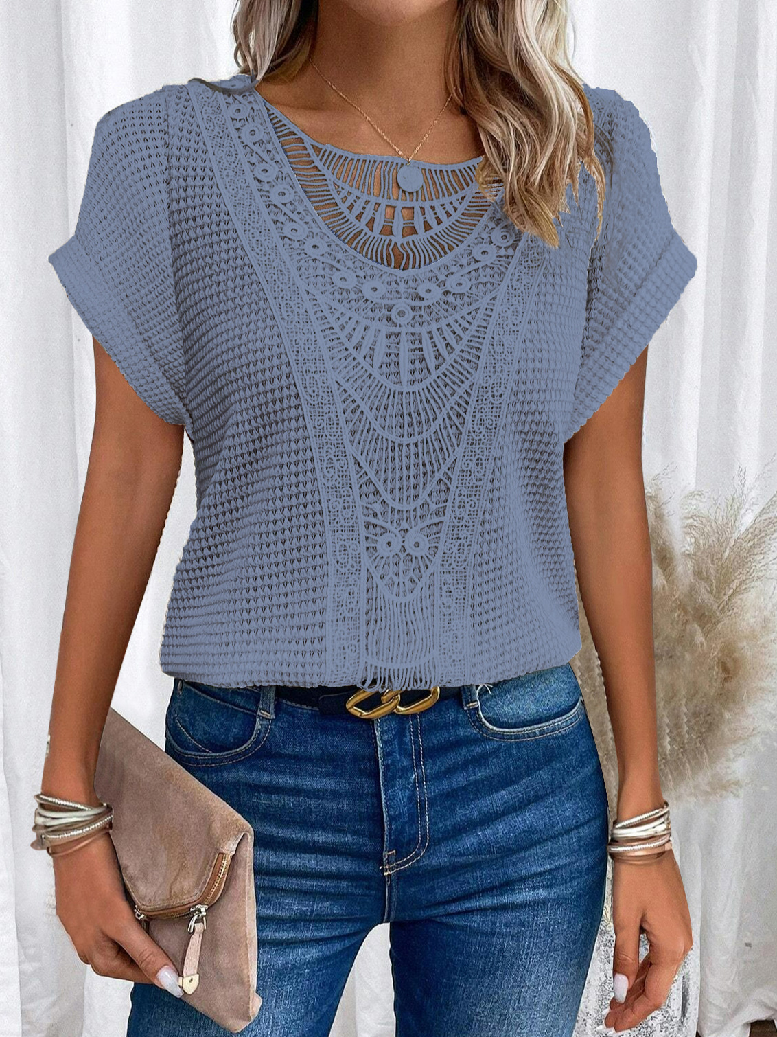Picture of 2024 Amazon European and American spring and summer new independent stand lace stitching short-sleeved T-shirt in stock cross-border women's clothing