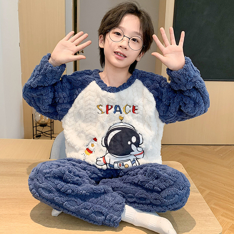 Picture of Children's Pajamas Men's Flannel Winter fleece-lined Thickened Coral Fleece Boys' Cartoon Astronaut Big Children's Home Clothes Set