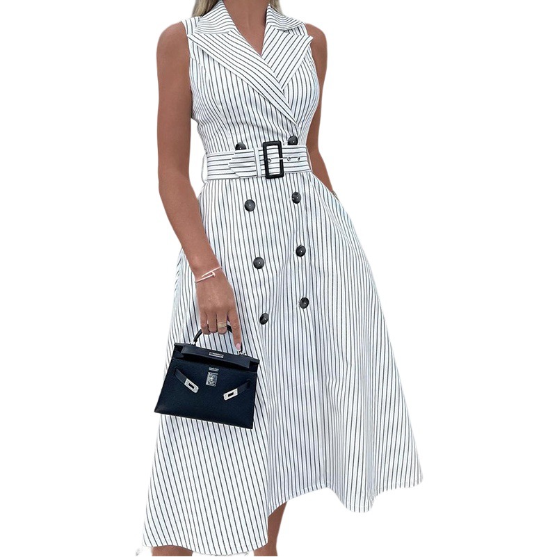 FD1437 in stock 2025 spring new cross-border women's fashion temperament striped sleeveless suit collar dress