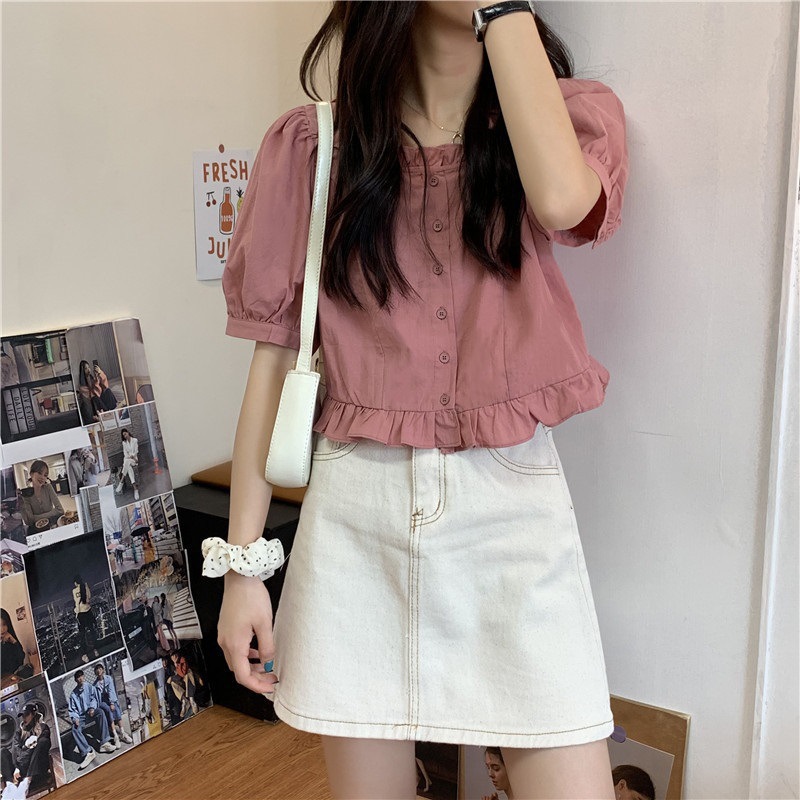 Ruffled Square Neck Puff Sleeve Top for Petite Women Summer 2025 French Sweet Short Shirt Short Sleeve Blouse