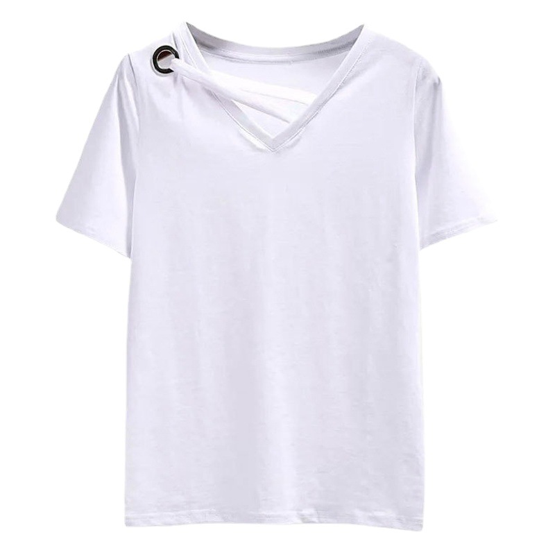 V Neck T-Shirt Women's Short-Sleeved 2024 Summer New Sweetheart Collar Pure Color Half-Sleeved Short t Loose Casual Pure Color Bottoming Shirt
