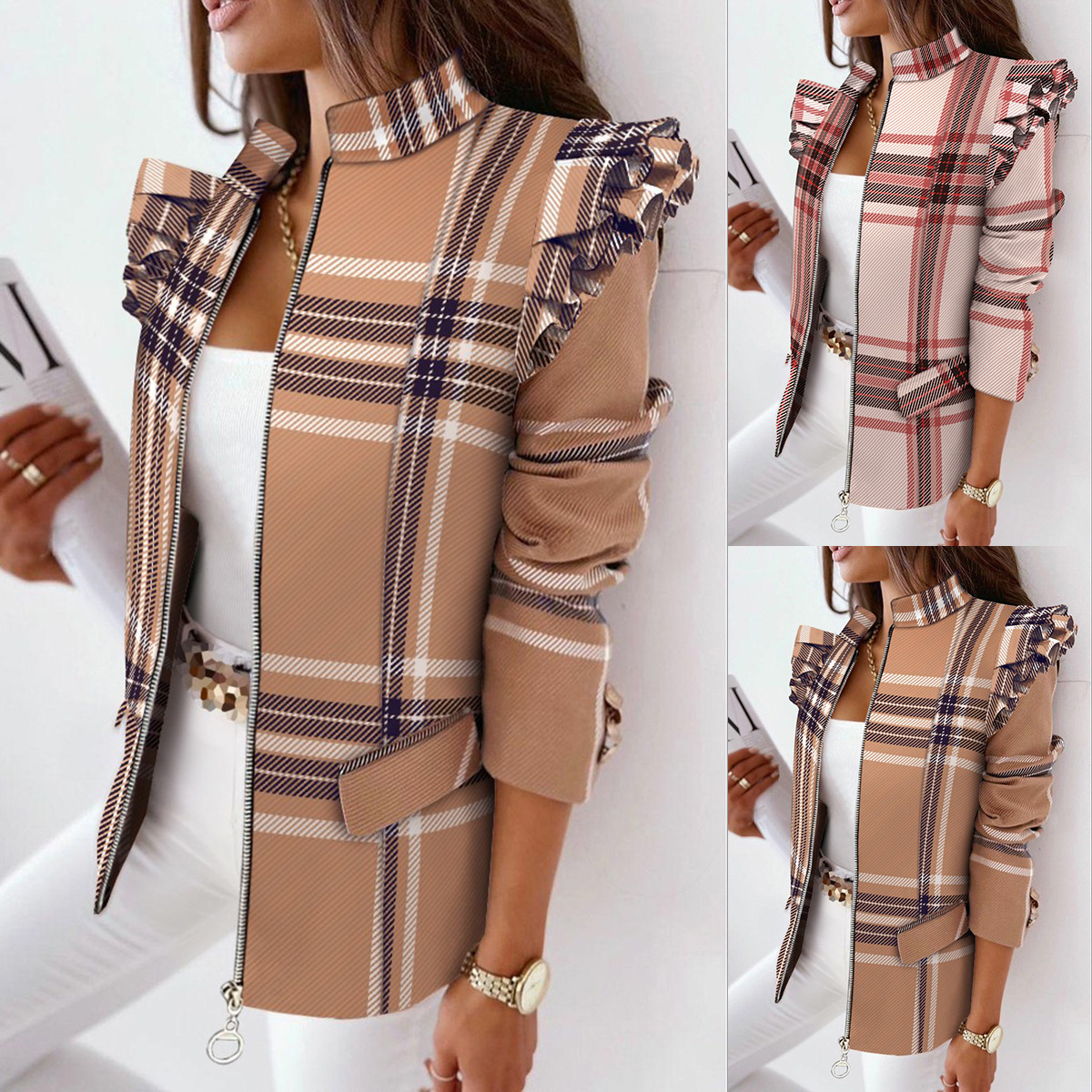 Picture of Amazon AliExpress Autumn and Winter New Plaid Leopard Print Zipper Ruffled Shoulder Coat Women