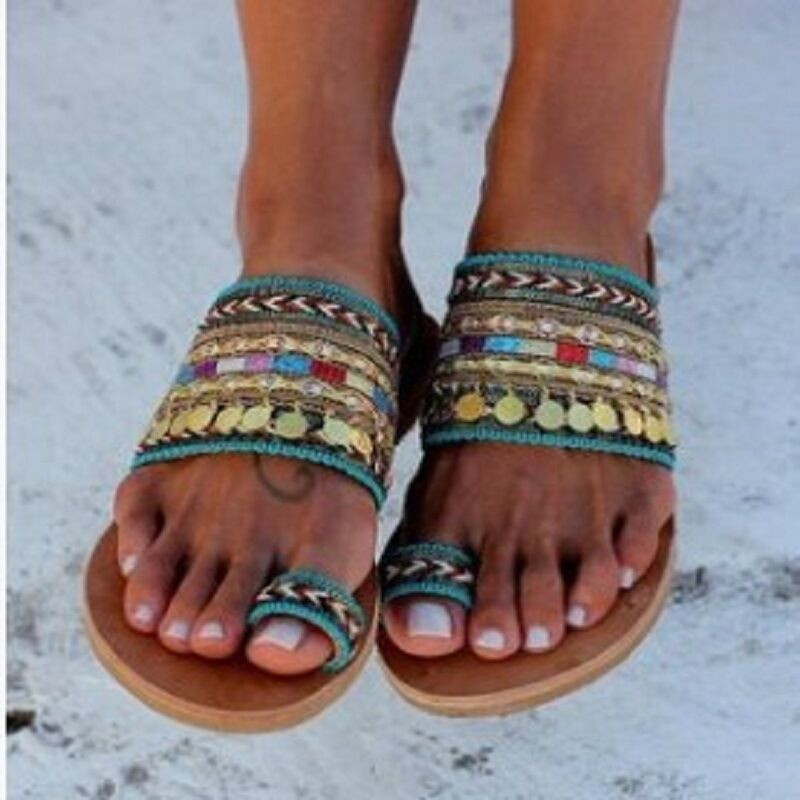 Picture of 2020 Ethnic Style Handmade Beaded Sandals New Summer Large Size Metal Decorative Sequined Toe Flats Roman Shoes