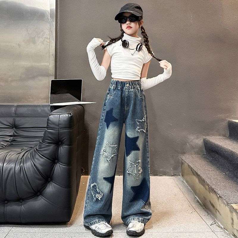 Picture of Girls' Autumn Pants 2025 New Korean Style Middle and Big Kids Loose Fashionable Cloth Embroidered Five-pointed Star Wide-leg Pants
