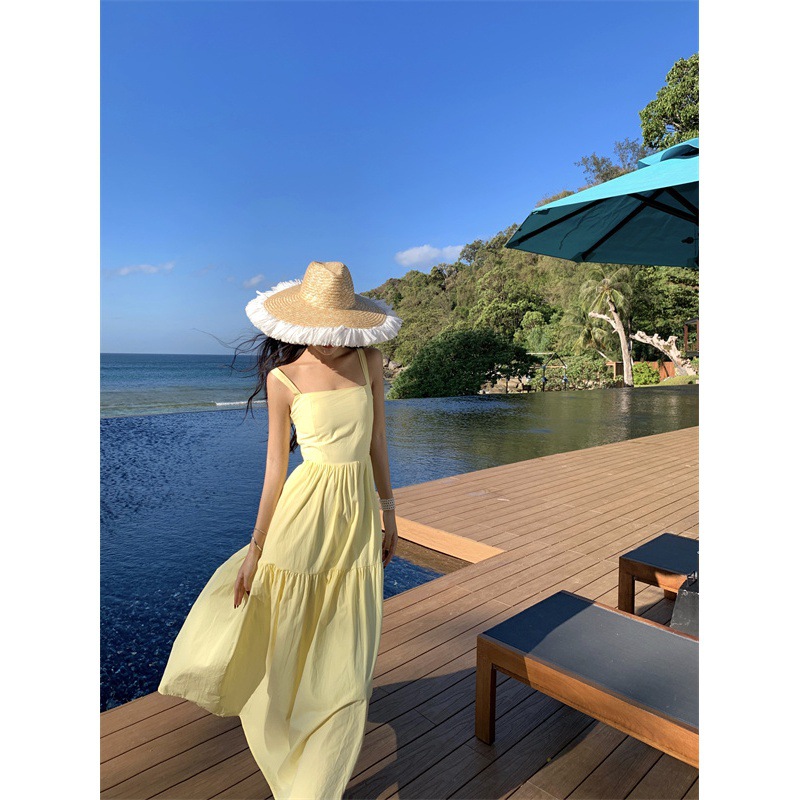 2024 New Yellow Slip Dress Goose Yellow Long Dress Seaside Vacation Dress French Style Dress Women's Summer