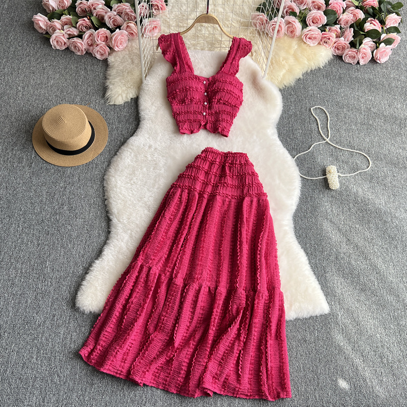 Gentle Wear Women's Spring Dress Holiday Style Short Small Flying Sleeve Strap Top High Waist Pleated Skirt suit