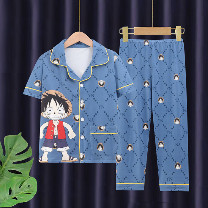 Picture of Children's pajamas men's medium and large children's short-sleeved trousers cardigan summer air conditioning clothes boys' cartoon homewear suit outer wear