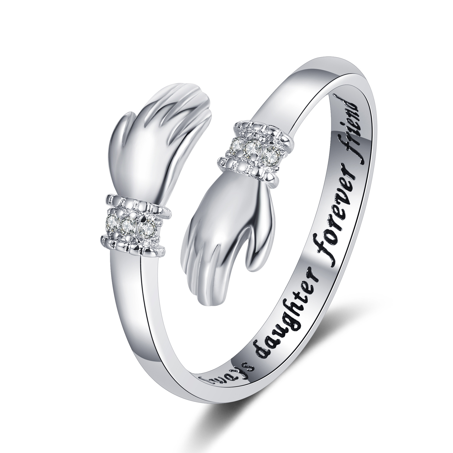 Picture of Europe and the United States creative love hug hands diamond ring women's lettering opening adjustable ring warm heart gift