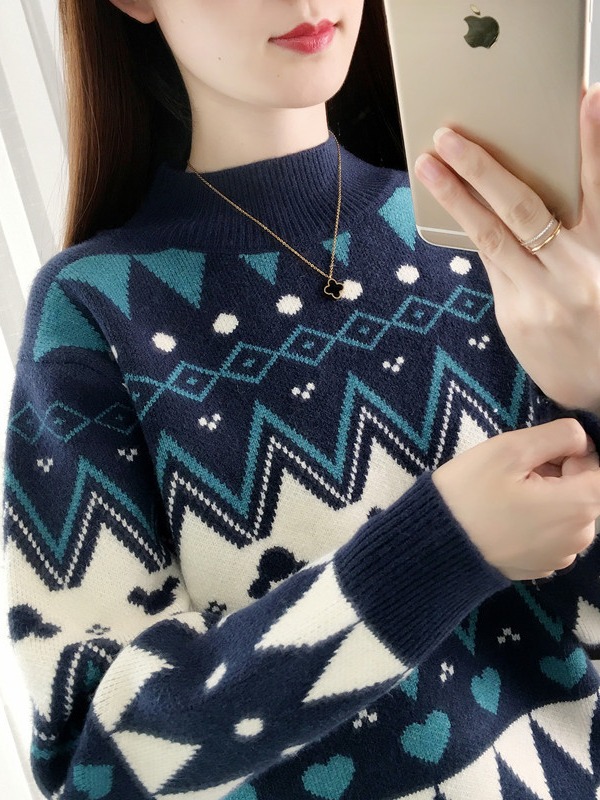 Picture of 2024 New Autumn and Winter Half Turtleneck Fleece-Lined Thickeneded Women's Sweater Fashionable Jacquard Contrast Color Knitted Bottoming Shirt