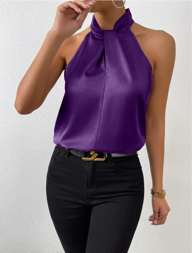 Picture of 2025 New Summer European and American Clothing Satin Halterneck Sleeveless Vest Satin Imitation Silk Top Wholesale in Stock