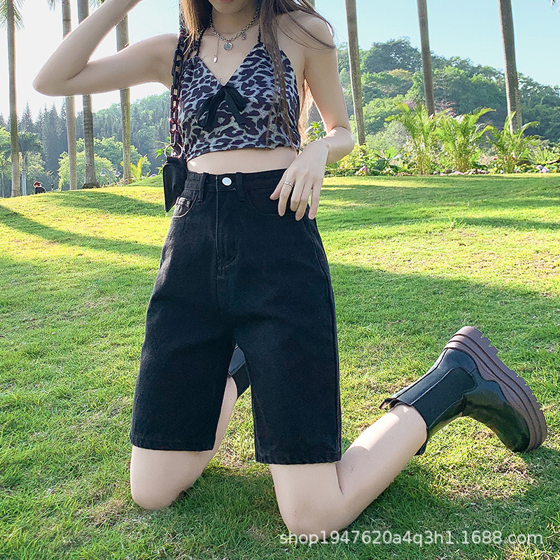 Picture of Black High Waist Denim Shorts Women's Five-point Pants Summer Thin 2023 New Arrival Loose Trendy ins Mid-length Pants