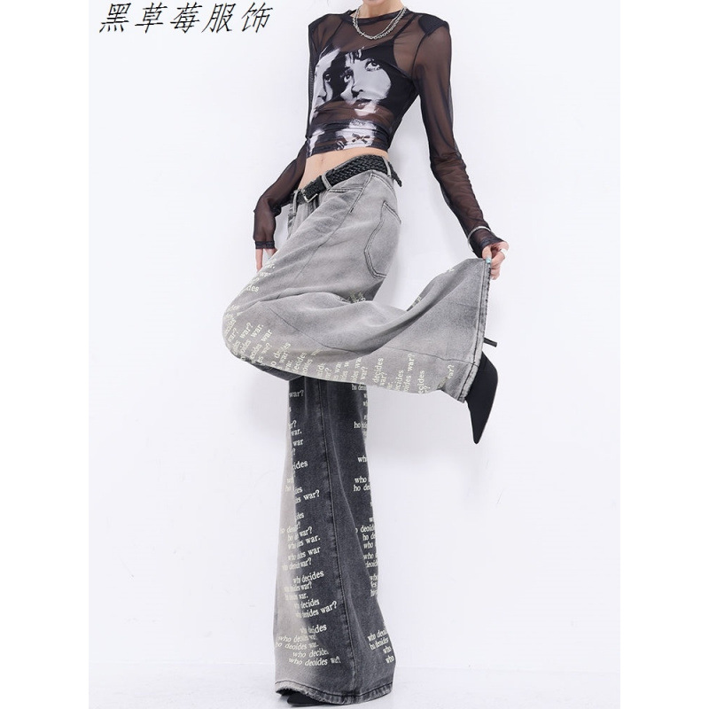 Petite Style Tall Lengthened Letter Print Wide-Leg Jeans for Women with Gradient Design Floor-Length Pants Trendy 2025