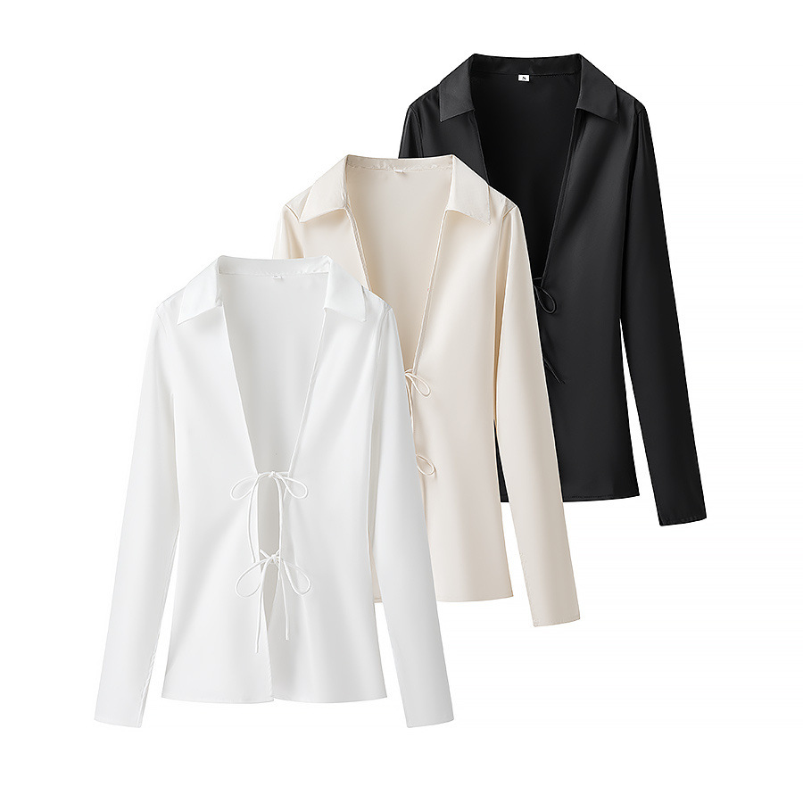 ZA cross-border women's clothing wholesale European and American style spring new lapel lace-up acetate texture long sleeve casual shirt
