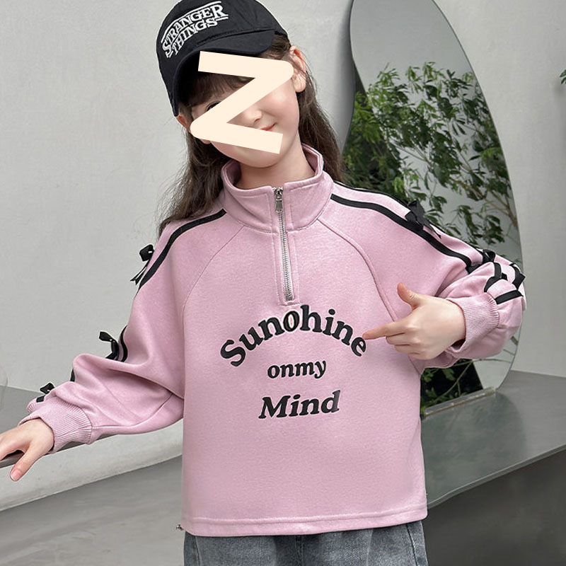 Girls' Autumn Long-sleeved Sweater 2024 New Style Mid-large Children's Western Style Half-high Collar Zipper Stitching Top Base Shirt Trendy