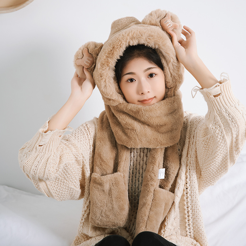 Picture of New Bear Hat Winter Hat Cute Warm Thickened Scarf Integrated Ear Protection Hat Three-Piece Set Cycling Cold Protection Hat