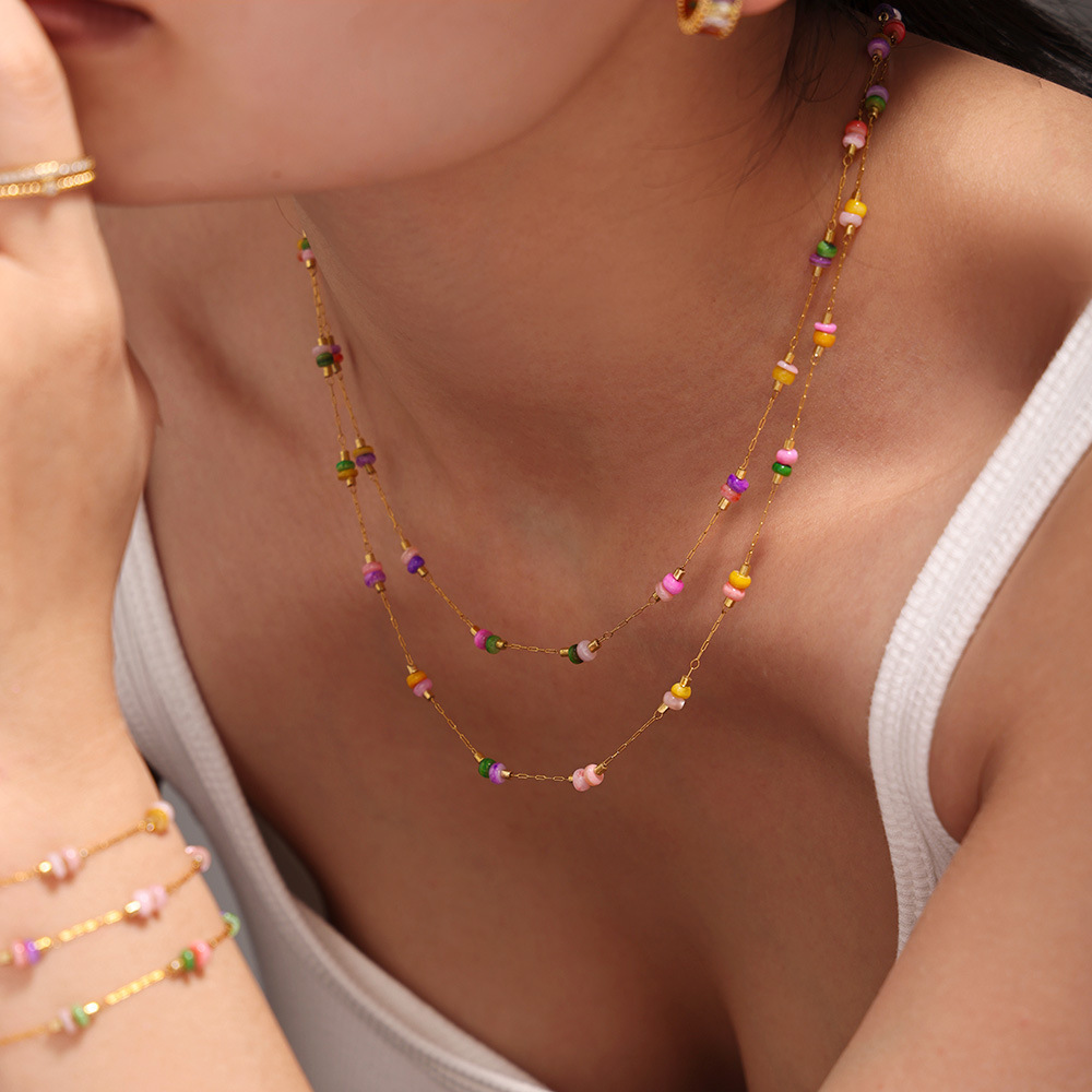 Xinyixin handmade chain color natural stone sweet luxury necklace stainless steel double-layer stacked in stock supply