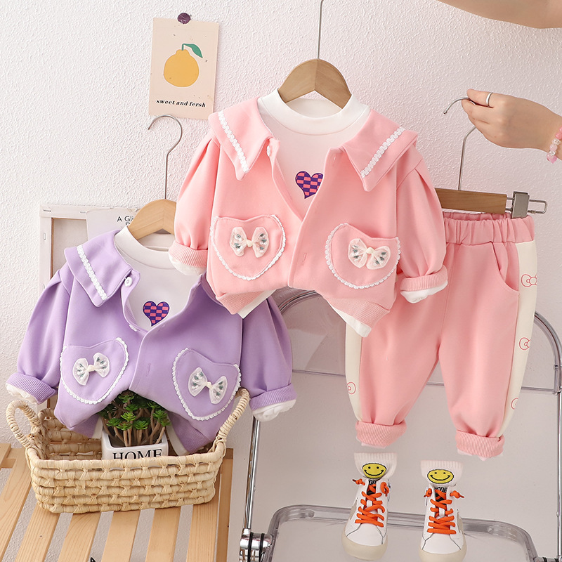 Yikids Sweet Girls Autumn Clothing 2024 New Baby Girl Fashionable Bow Spring & Fall Outwear Three-Piece Set