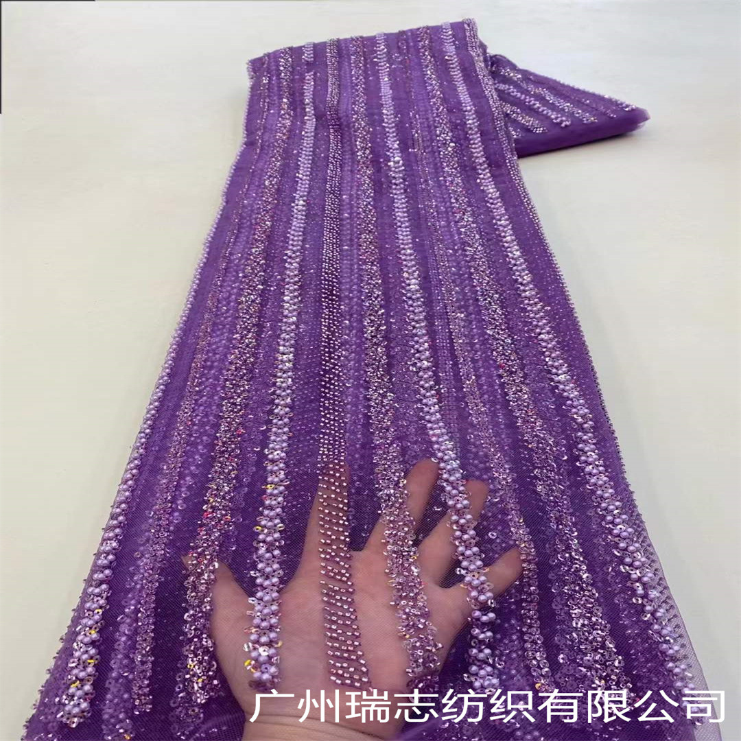 Picture of Bubble Stripe Crystal Sequins Beaded Tube Embroidered Mesh Fabric French Wedding Dress Xinjiang Hair Hat Dress Embroidered Cloth
