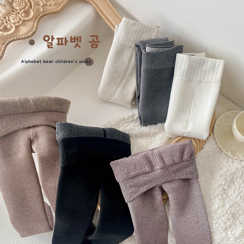 1-children's pantyhose 2023 winter new fleece-lined padded warm pantyhose solid color baby leggings feet
