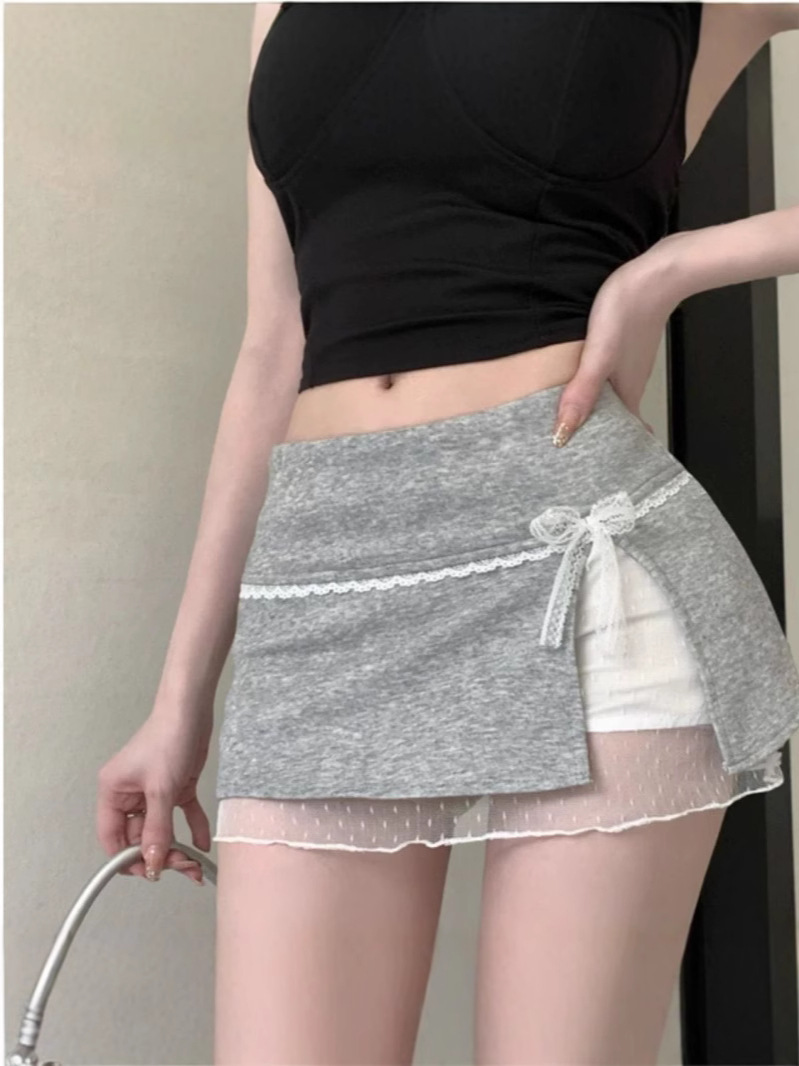 Summer New Sweet Girl Pure Lust Sexy Lace Stitching Bow Double-Layer Anti-Exposure A-Line Hip-Hugging Short Skirt for Women
