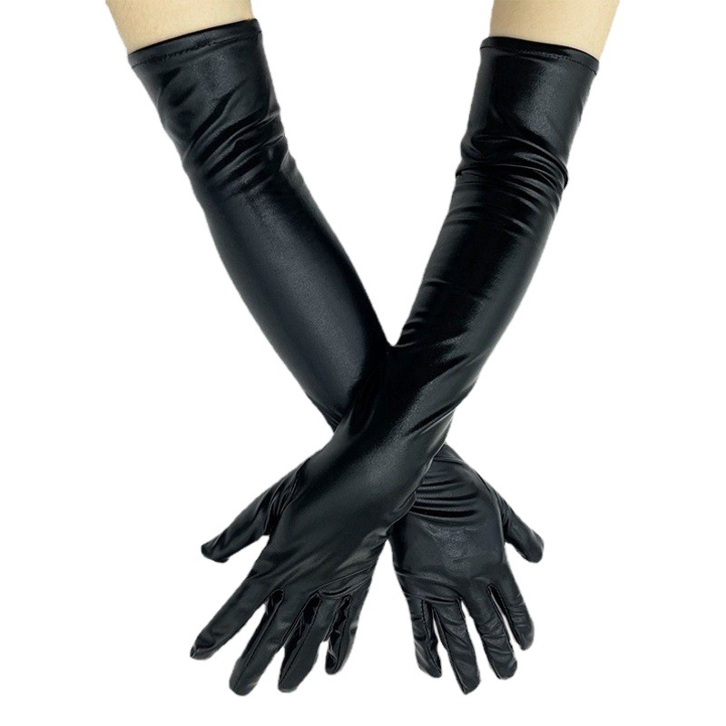 European and American Sexy Patent Leather Gloves cosplay Tight-Fit Lined Hand Bright Leather Coated DS Steel Tube Dance Performance Gloves