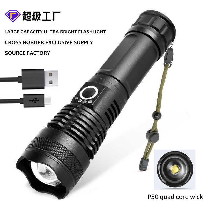 Cross-border new strong light remote electric display LED telescopic zoom flashlight outdoor home lighting aluminum alloy flashlight