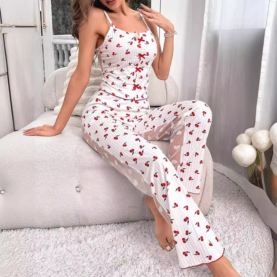2024 Amazon AliExpress Printed Contrast Color Stitching Mesh Home Clothes Front Split Sling Pajamas suit