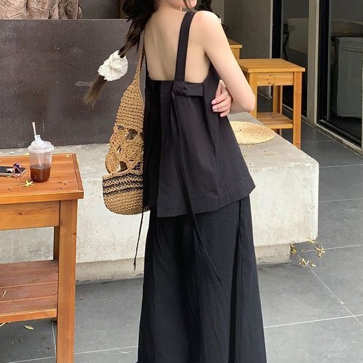 Korean Hot Girl Style Black Camisole Women's Summer High-Waist Slim Straight Wide-Leg Pants Two-Piece Set