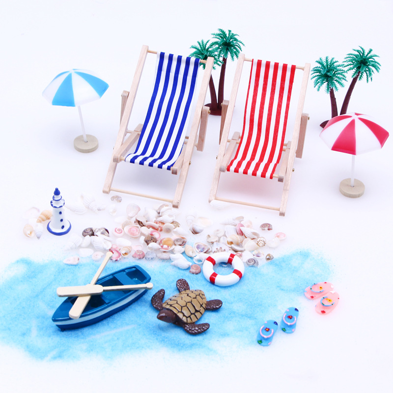 Picture of Dollhouse Doll House Mini Beach Set Micro Landscape Summer Shell Sun Umbrella Wooden Beach Chair