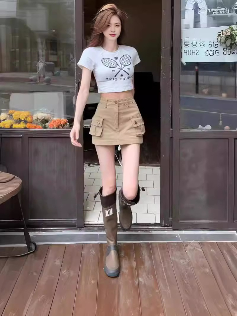 khaki Tooling Denim Skirt Women's American Style Retro High Waist A- Line Skirt Hot Girls Anti-walking Sheath Skirt Pants