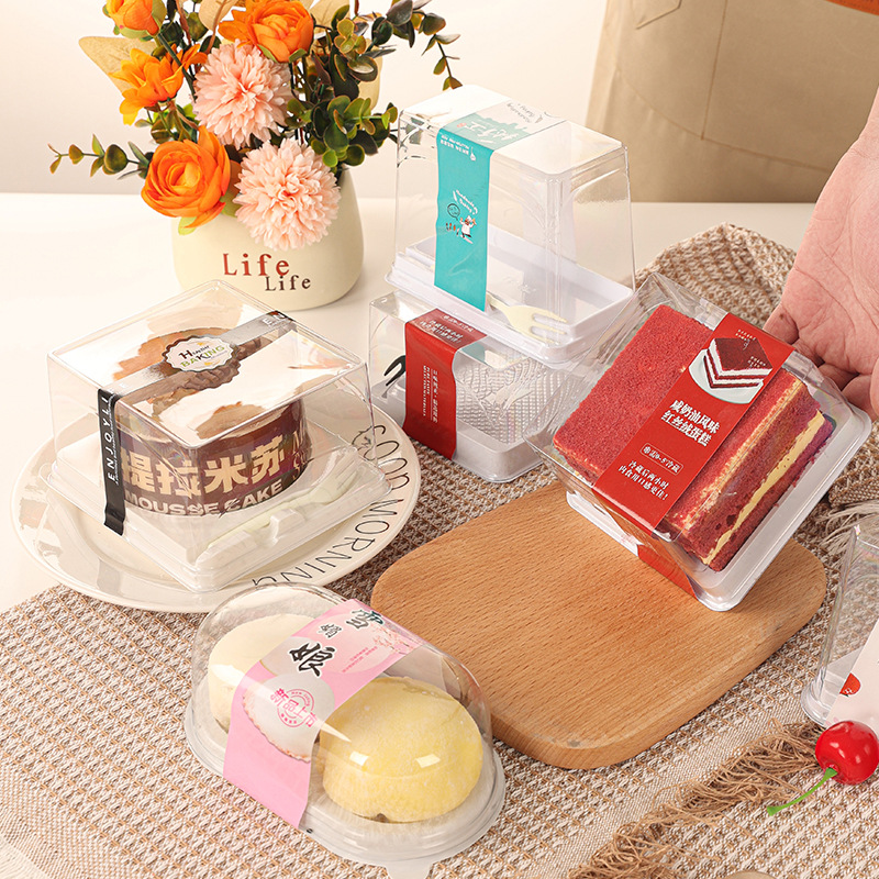 Dessert Mu Si Cake Box Transparent Cut Small Cake Packaging Box with Fork Square West Point Box Xue Mei Niang Packaging Box