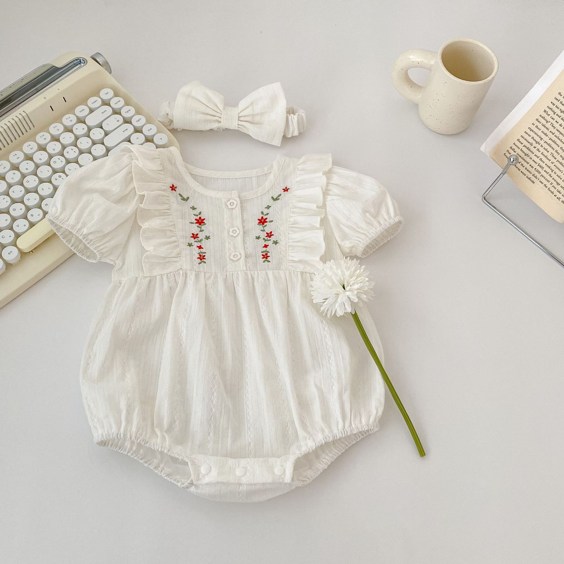 Picture of 2025 Summer Baby Clothes, Cotton, Stylish Embroidered Harem Clothes, Baby Girl's Round Neck Short-Sleeved Fart Clothes, One-Year-Old Rompers